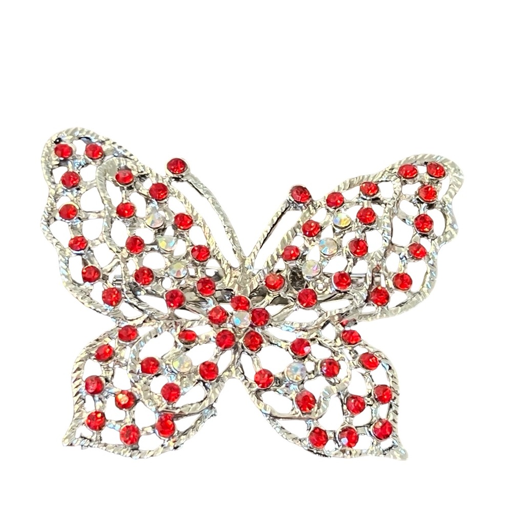 Silver-Tone Butterfly Brooch with Red Crystals